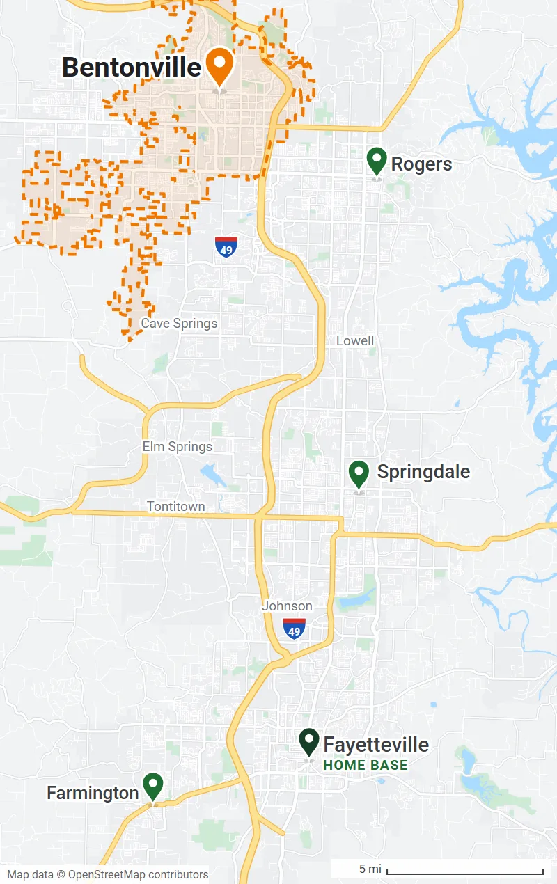 Map of Northwest Arkansas with the Bentonville city limits outlined in orange and pins on Rogers, Springdale, Fayetteville (home base) and Farmington