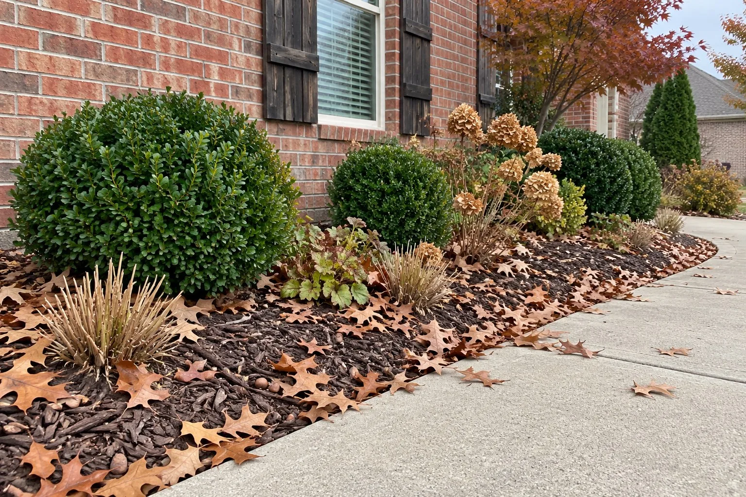 Illustrative image of fallen oak leaves caught along a shrub bed beside a brick wall and a concrete walk