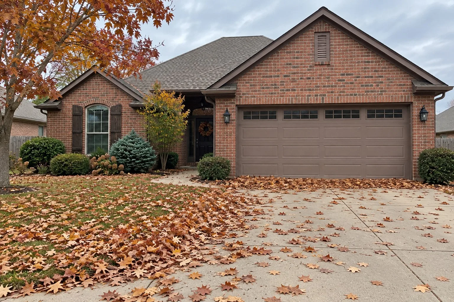 Illustrative image of fall leaves drifted across a concrete driveway and along its edge