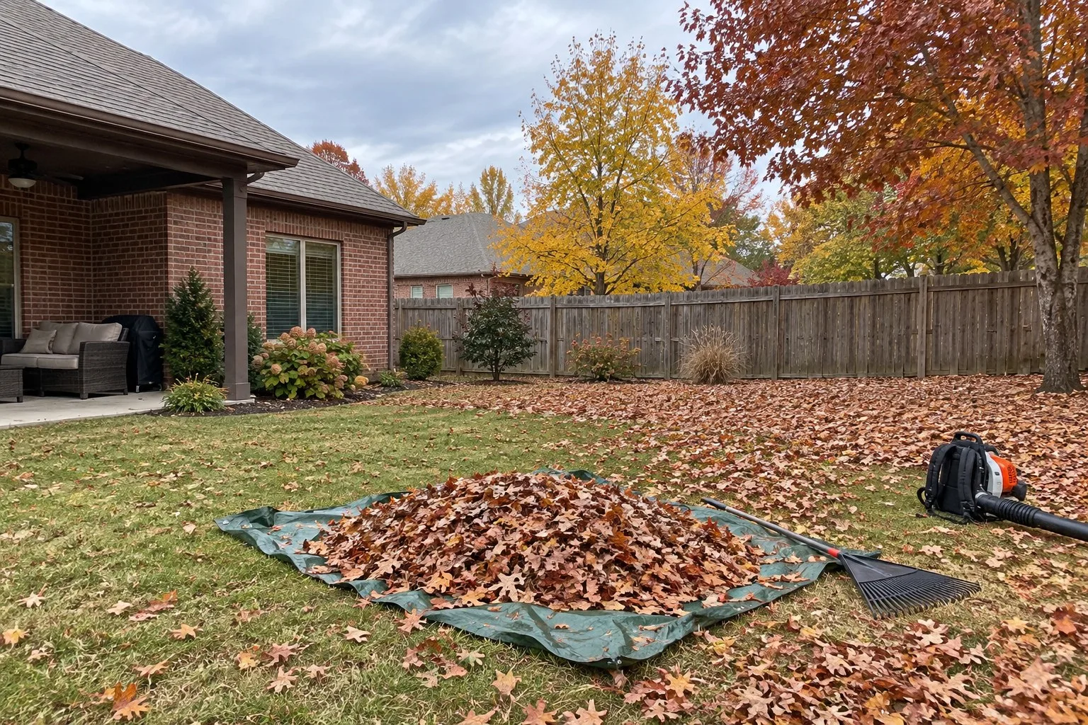 Illustrative image of fall leaves raked onto a green tarp on a backyard lawn with a rake and a leaf blower beside it