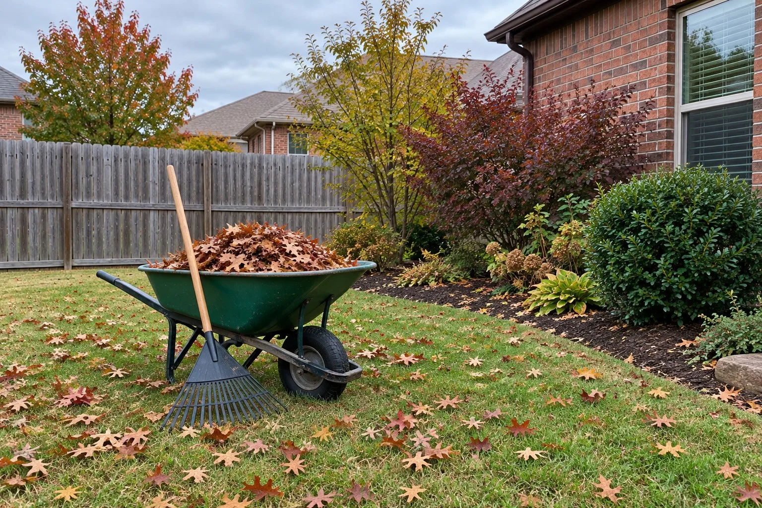 Illustrative image of a wheelbarrow full of fall leaves on a lawn beside a planting bed