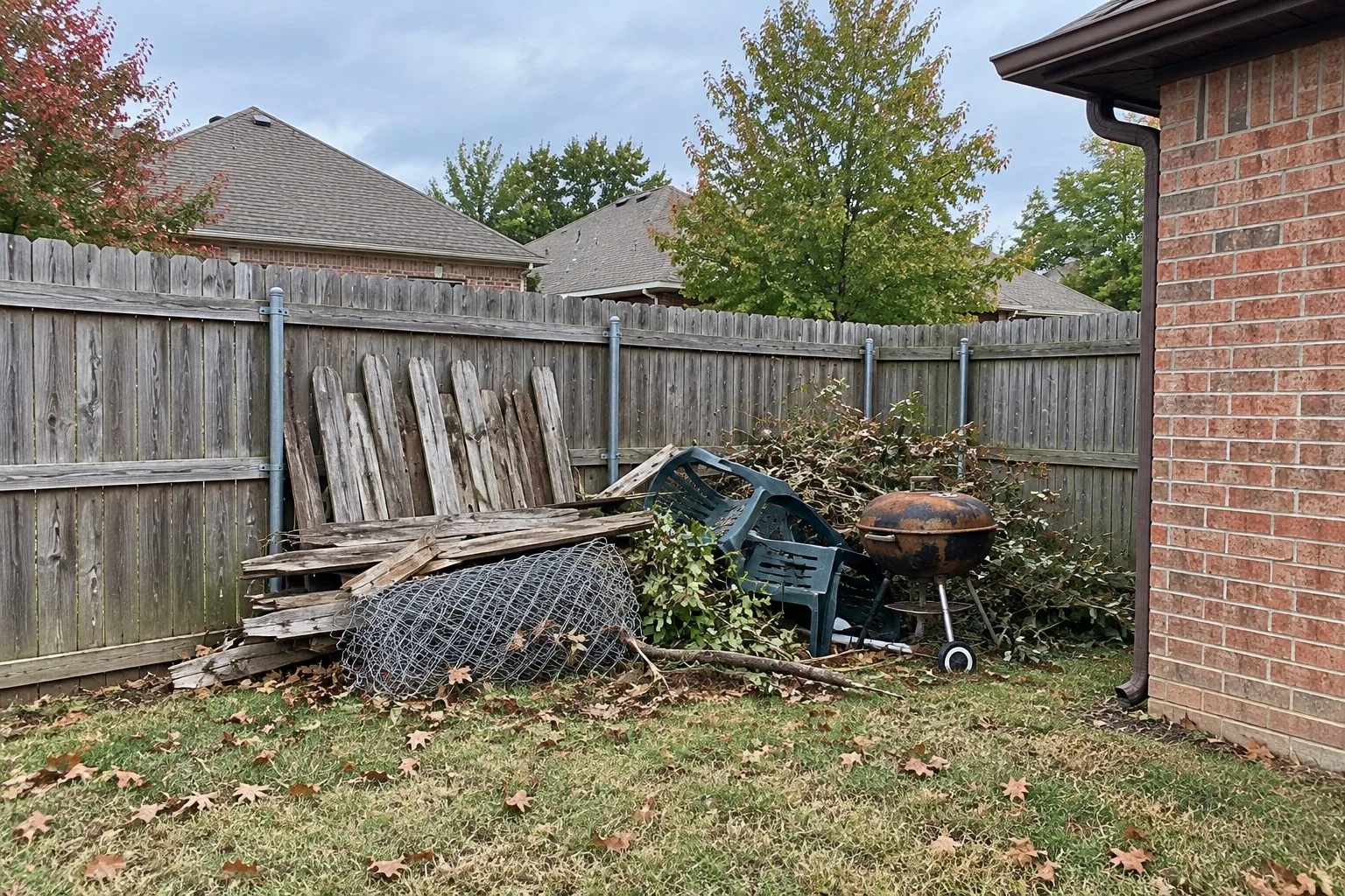 Illustrative image of a pile of old fence pickets, broken patio chairs and a rusty grill along a backyard fence