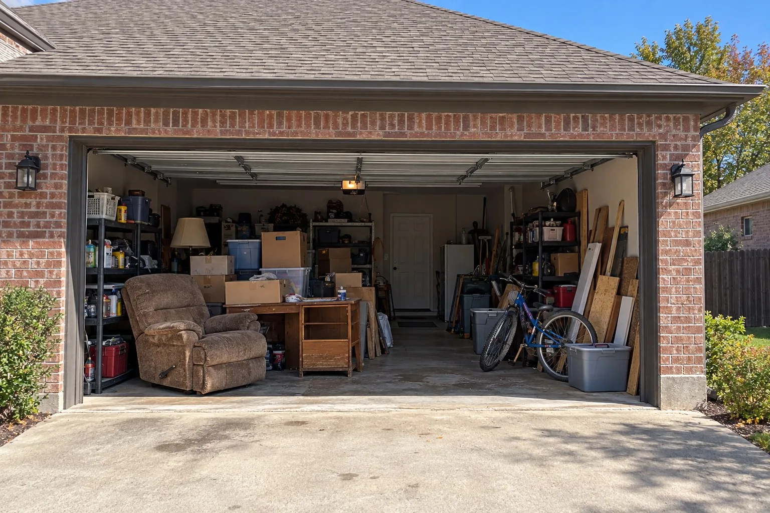 Illustrative image of a garage full of old furniture, boxes and bins waiting to be hauled away