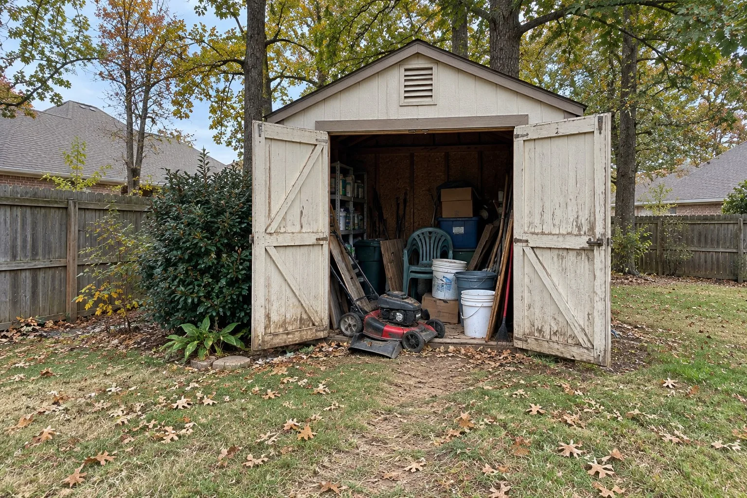 Illustrative image of an old garden shed with broken equipment and boards spilling out of its open doors