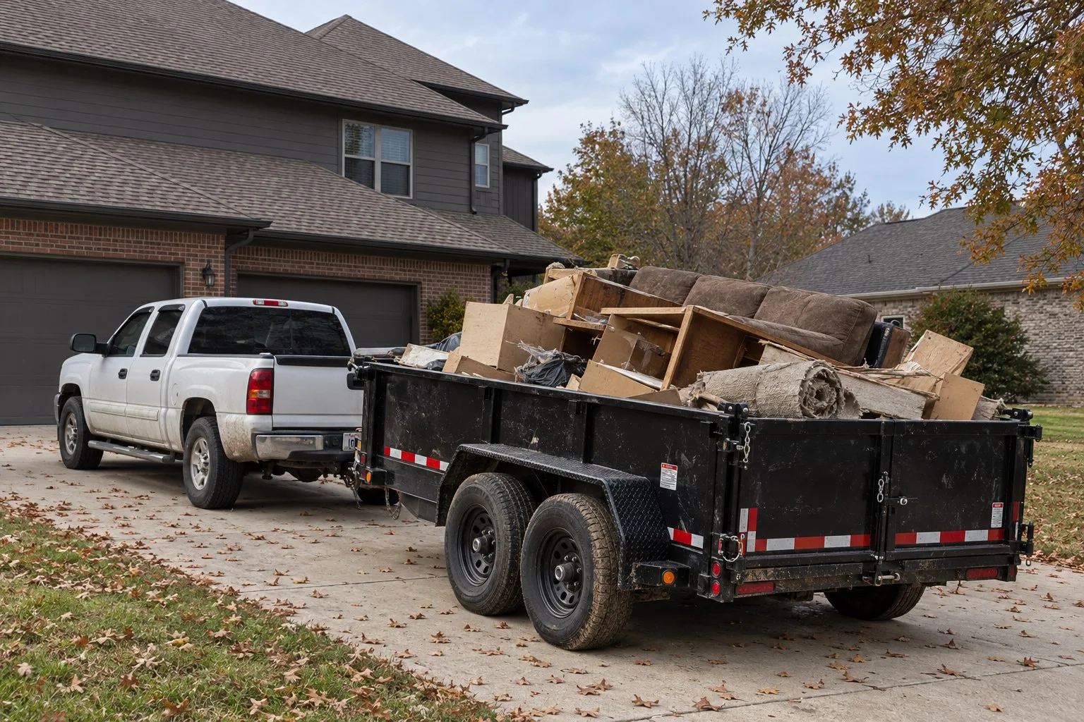 Illustrative image of a dump trailer loaded with an old sofa, boards and boxes on a driveway beside a brick home
